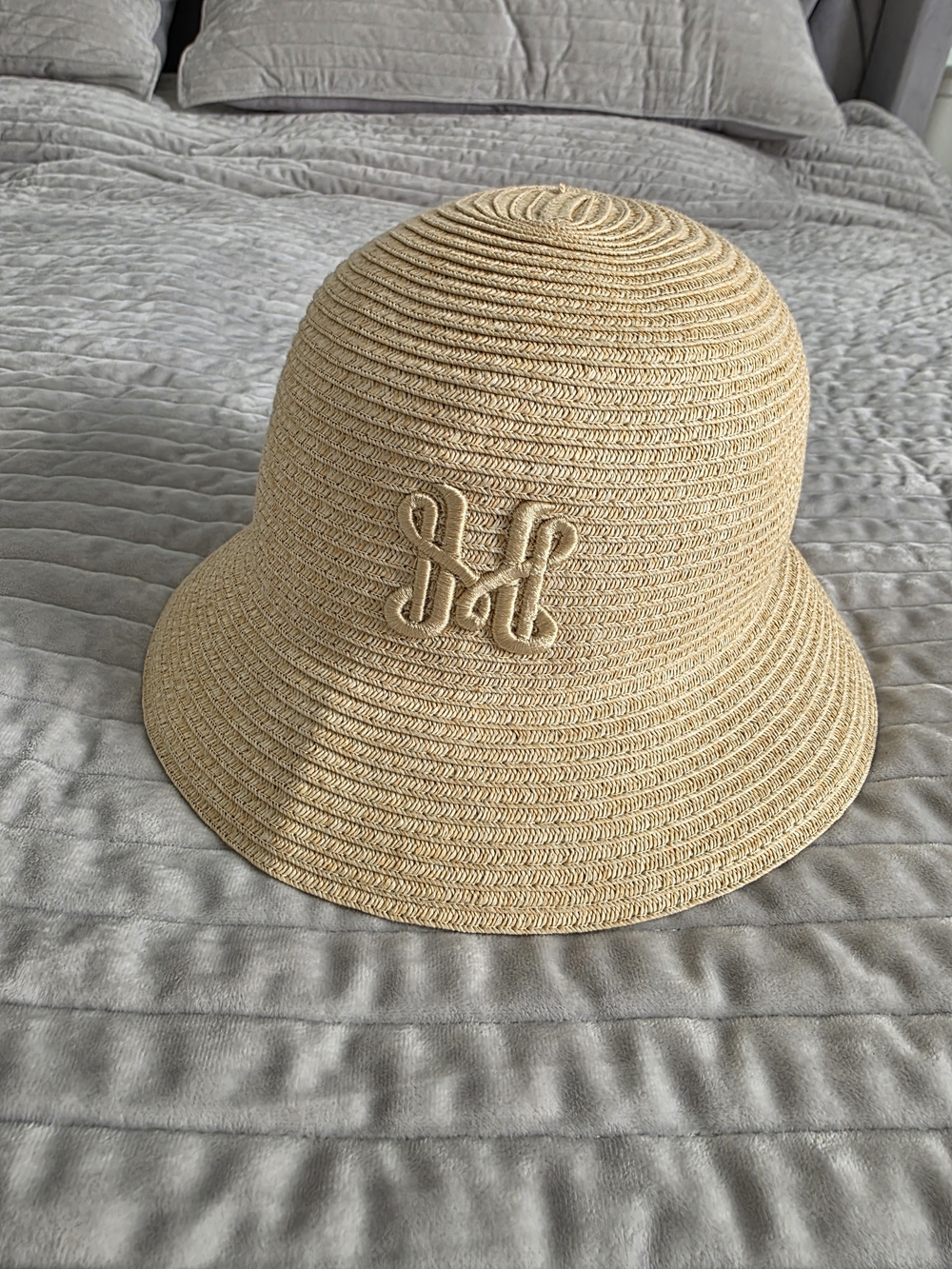 H&M Kids Beige Straw Bucket Hat with Embroidered H
